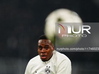 Jamie Gittens of Borussia Dortmund  looks on during the Champions League Round 4 match between Borussia Dortmund v SK Sturm Graz at the Sign...