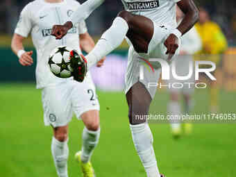 Tochi Chukwuani of SK Sturm Graz  controls the ball during the Champions League Round 4 match between Borussia Dortmund v SK Sturm Graz at t...