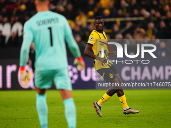 Serhou Guirassy of Borussia Dortmund  looks on during the Champions League Round 4 match between Borussia Dortmund v SK Sturm Graz at the Si...