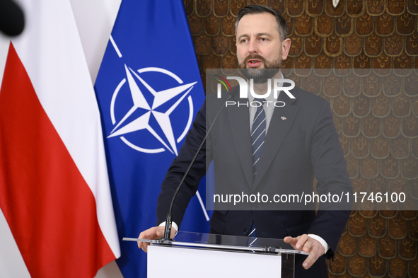 Poland's Deputy Prime Minister and Defence Minister, Wladyslaw Kosiniak-Kamysz, holds a press conference after awarding U.S. soldiers statio...