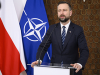 Poland's Deputy Prime Minister and Defence Minister, Wladyslaw Kosiniak-Kamysz, holds a press conference after awarding U.S. soldiers statio...