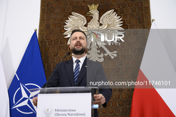 Poland's Deputy Prime Minister and Defence Minister, Wladyslaw Kosiniak-Kamysz, holds a press conference after awarding U.S. soldiers statio...