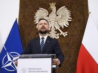 Poland's Deputy Prime Minister and Defence Minister, Wladyslaw Kosiniak-Kamysz, holds a press conference after awarding U.S. soldiers statio...