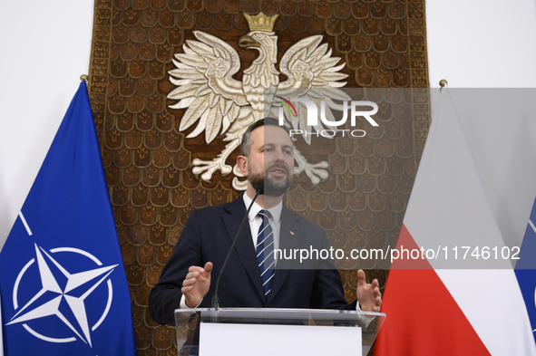 Poland's Deputy Prime Minister and Defence Minister, Wladyslaw Kosiniak-Kamysz, holds a press conference after awarding U.S. soldiers statio...