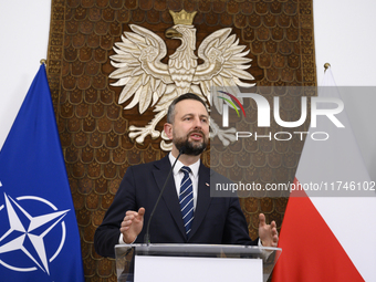 Poland's Deputy Prime Minister and Defence Minister, Wladyslaw Kosiniak-Kamysz, holds a press conference after awarding U.S. soldiers statio...