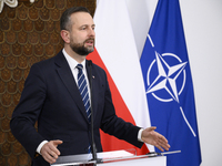 Poland's Deputy Prime Minister and Defence Minister, Wladyslaw Kosiniak-Kamysz, holds a press conference after awarding U.S. soldiers statio...