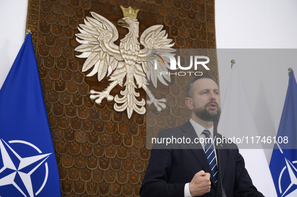 Poland's Deputy Prime Minister and Defence Minister, Wladyslaw Kosiniak-Kamysz, holds a press conference after awarding U.S. soldiers statio...