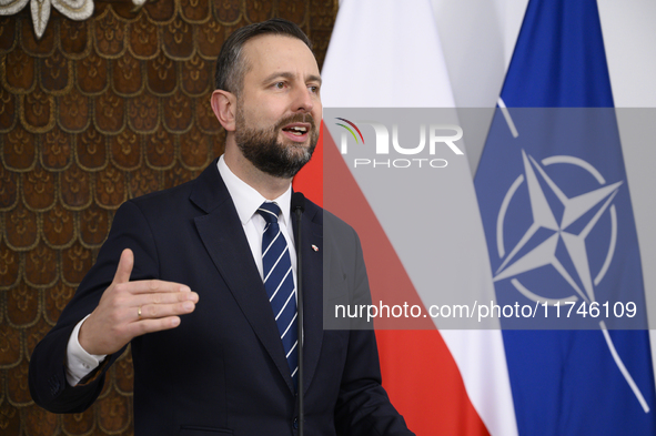 Poland's Deputy Prime Minister and Defence Minister, Wladyslaw Kosiniak-Kamysz, holds a press conference after awarding U.S. soldiers statio...