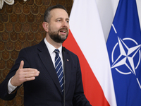 Poland's Deputy Prime Minister and Defence Minister, Wladyslaw Kosiniak-Kamysz, holds a press conference after awarding U.S. soldiers statio...