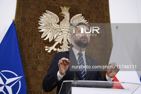 Poland's Deputy Prime Minister and Defence Minister, Wladyslaw Kosiniak-Kamysz, holds a press conference after awarding U.S. soldiers statio...