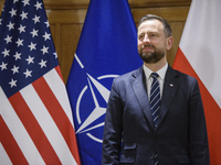 Poland's Deputy Prime Minister and Defence Minister, Wladyslaw Kosiniak-Kamysz, awards U.S. soldiers stationed in Poland for their service i...