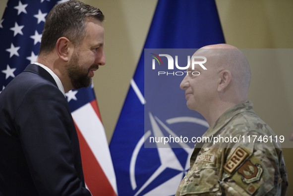 Poland's Deputy Prime Minister and Defence Minister, Wladyslaw Kosiniak-Kamysz, awards U.S. soldiers stationed in Poland for their service i...