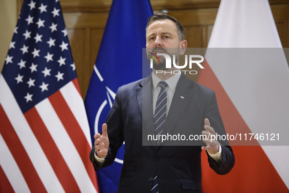 Poland's Deputy Prime Minister and Defence Minister, Wladyslaw Kosiniak-Kamysz, speaks after awarding U.S. soldiers stationed in Poland for...