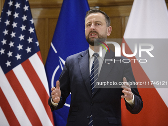 Poland's Deputy Prime Minister and Defence Minister, Wladyslaw Kosiniak-Kamysz, speaks after awarding U.S. soldiers stationed in Poland for...