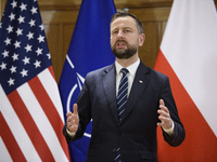 Poland's Deputy Prime Minister and Defence Minister, Wladyslaw Kosiniak-Kamysz, speaks after awarding U.S. soldiers stationed in Poland for...