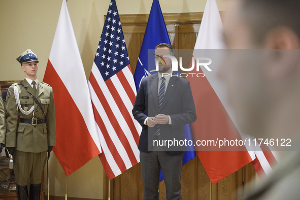 Poland's Deputy Prime Minister and Defence Minister, Wladyslaw Kosiniak-Kamysz, speaks after awarding U.S. soldiers stationed in Poland for...