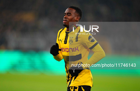 Jamie Gittens of Borussia Dortmund  looks on during the Champions League Round 4 match between Borussia Dortmund v SK Sturm Graz at the Sign...