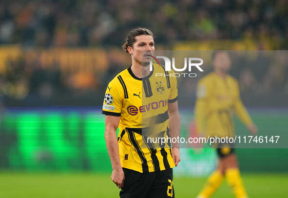 Marcel Sabitzer of Borussia Dortmund  looks on during the Champions League Round 4 match between Borussia Dortmund v SK Sturm Graz at the Si...