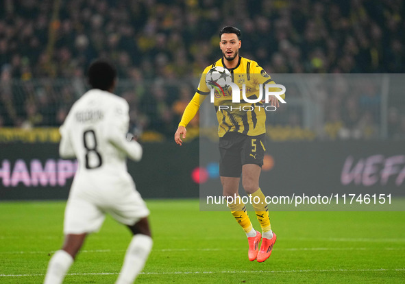 Ramy Bensebaini of Borussia Dortmund  controls the ball during the Champions League Round 4 match between Borussia Dortmund v SK Sturm Graz...