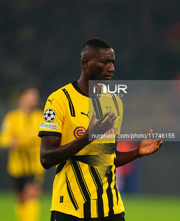 Serhou Guirassy of Borussia Dortmund  gestures during the Champions League Round 4 match between Borussia Dortmund v SK Sturm Graz at the Si...