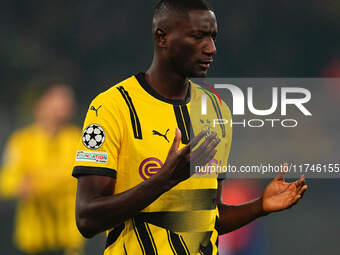 Serhou Guirassy of Borussia Dortmund  gestures during the Champions League Round 4 match between Borussia Dortmund v SK Sturm Graz at the Si...