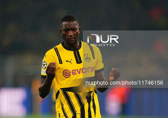 Serhou Guirassy of Borussia Dortmund  gestures during the Champions League Round 4 match between Borussia Dortmund v SK Sturm Graz at the Si...