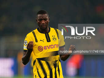 Serhou Guirassy of Borussia Dortmund  gestures during the Champions League Round 4 match between Borussia Dortmund v SK Sturm Graz at the Si...