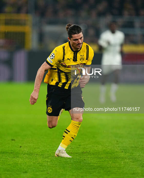 Marcel Sabitzer of Borussia Dortmund  looks on during the Champions League Round 4 match between Borussia Dortmund v SK Sturm Graz at the Si...