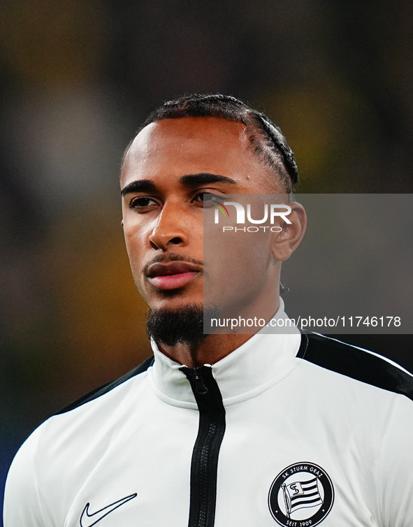 Emanuel Aiwu of SK Sturm Graz  looks on during the Champions League Round 4 match between Borussia Dortmund v SK Sturm Graz at the Signal Lu...