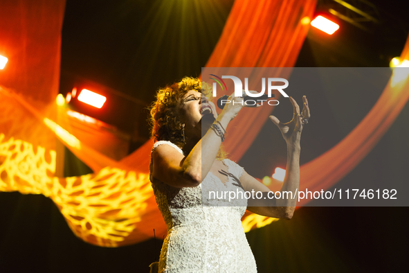 Fiorella Mannoia performs live at Teatro Augusteo in Naples, Italy, on November 5, 2024, as part of her ''Fiorella Sinfonica'' tour, accompa...