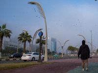 People walk along the Doha Corniche in heavy fog in Doha, Qatar, on November 6, 2024. (