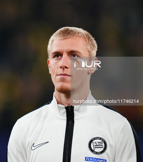 Mika Biereth of SK Sturm Graz  looks on during the Champions League Round 4 match between Borussia Dortmund v SK Sturm Graz at the Signal Lu...