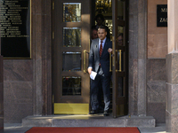 Polish Minister of Foreign Affairs Radoslaw Sikorski holds a press conference outside the Ministry of Foreign Affairs building in Warsaw, Po...