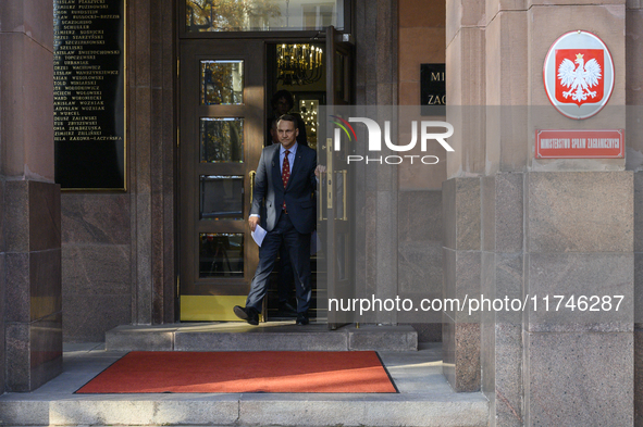 Polish Minister of Foreign Affairs Radoslaw Sikorski holds a press conference outside the Ministry of Foreign Affairs building in Warsaw, Po...