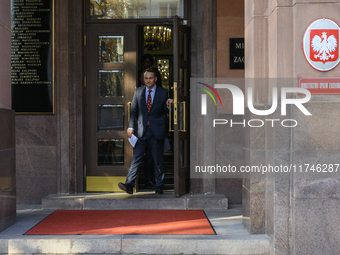 Polish Minister of Foreign Affairs Radoslaw Sikorski holds a press conference outside the Ministry of Foreign Affairs building in Warsaw, Po...