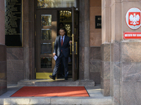 Polish Minister of Foreign Affairs Radoslaw Sikorski holds a press conference outside the Ministry of Foreign Affairs building in Warsaw, Po...