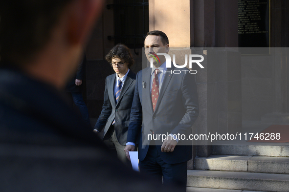 Polish Minister of Foreign Affairs Radoslaw Sikorski holds a press conference outside the Ministry of Foreign Affairs building in Warsaw, Po...