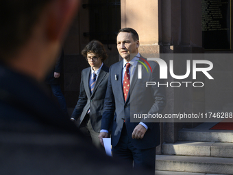 Polish Minister of Foreign Affairs Radoslaw Sikorski holds a press conference outside the Ministry of Foreign Affairs building in Warsaw, Po...