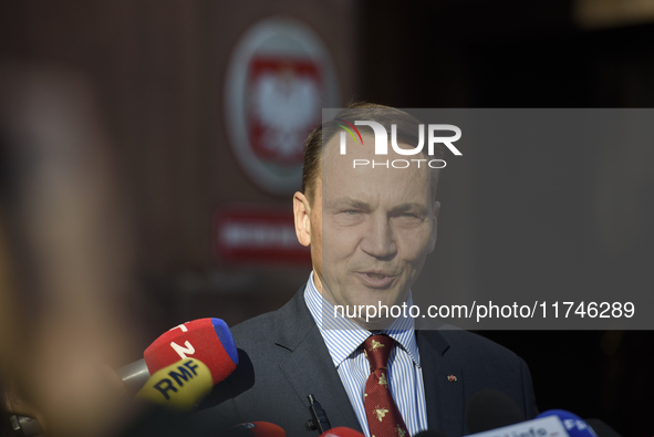 Polish Minister of Foreign Affairs Radoslaw Sikorski holds a press conference outside the Ministry of Foreign Affairs building in Warsaw, Po...