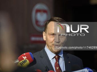 Polish Minister of Foreign Affairs Radoslaw Sikorski holds a press conference outside the Ministry of Foreign Affairs building in Warsaw, Po...