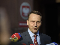 Polish Minister of Foreign Affairs Radoslaw Sikorski holds a press conference outside the Ministry of Foreign Affairs building in Warsaw, Po...