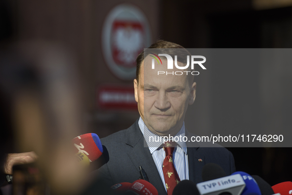 Polish Minister of Foreign Affairs Radoslaw Sikorski holds a press conference outside the Ministry of Foreign Affairs building in Warsaw, Po...