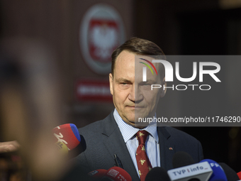 Polish Minister of Foreign Affairs Radoslaw Sikorski holds a press conference outside the Ministry of Foreign Affairs building in Warsaw, Po...