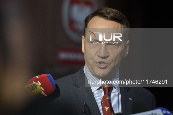 Polish Minister of Foreign Affairs Radoslaw Sikorski holds a press conference outside the Ministry of Foreign Affairs building in Warsaw, Po...