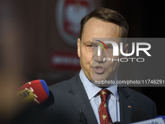 Polish Minister of Foreign Affairs Radoslaw Sikorski holds a press conference outside the Ministry of Foreign Affairs building in Warsaw, Po...