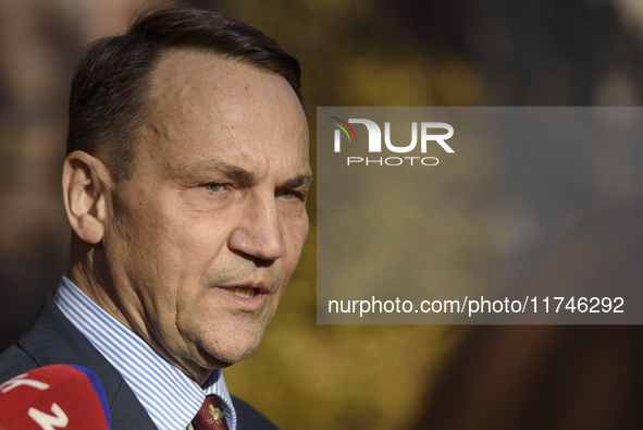 Polish Minister of Foreign Affairs Radoslaw Sikorski holds a press conference outside the Ministry of Foreign Affairs building in Warsaw, Po...