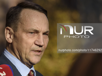 Polish Minister of Foreign Affairs Radoslaw Sikorski holds a press conference outside the Ministry of Foreign Affairs building in Warsaw, Po...