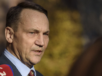 Polish Minister of Foreign Affairs Radoslaw Sikorski holds a press conference outside the Ministry of Foreign Affairs building in Warsaw, Po...