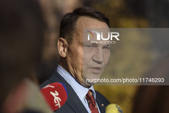 Polish Minister of Foreign Affairs Radoslaw Sikorski holds a press conference outside the Ministry of Foreign Affairs building in Warsaw, Po...