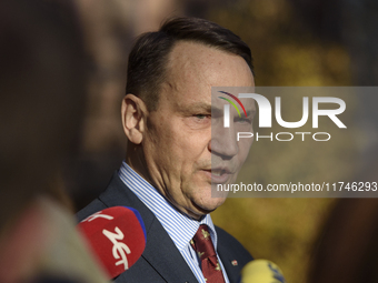 Polish Minister of Foreign Affairs Radoslaw Sikorski holds a press conference outside the Ministry of Foreign Affairs building in Warsaw, Po...